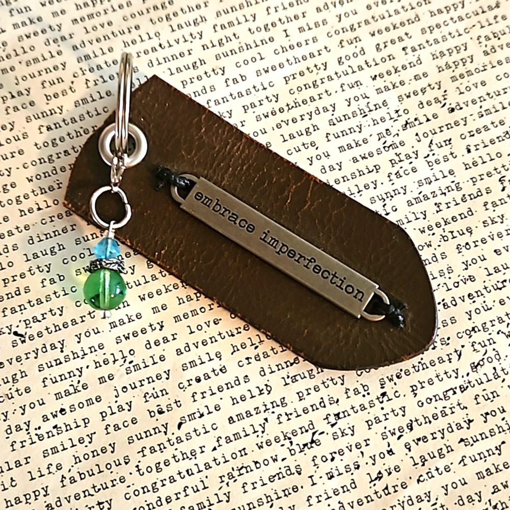 Vintage brown leather keyring Embrace perfection charm glass beads aromatherapy